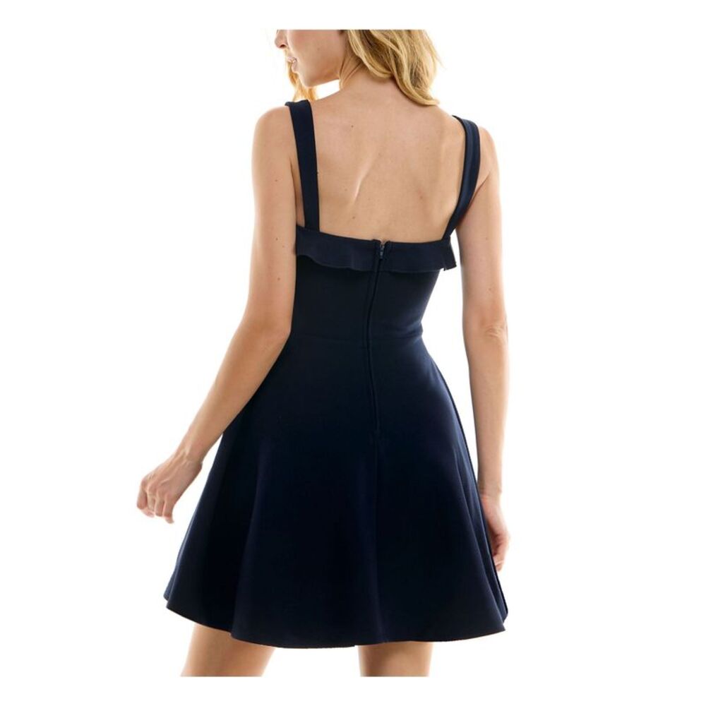 CITY STUDIO Womens Fit + Flare Short Dress Navy Tie Sleeveless Trim Juniors 3 - Picture 2 of 4